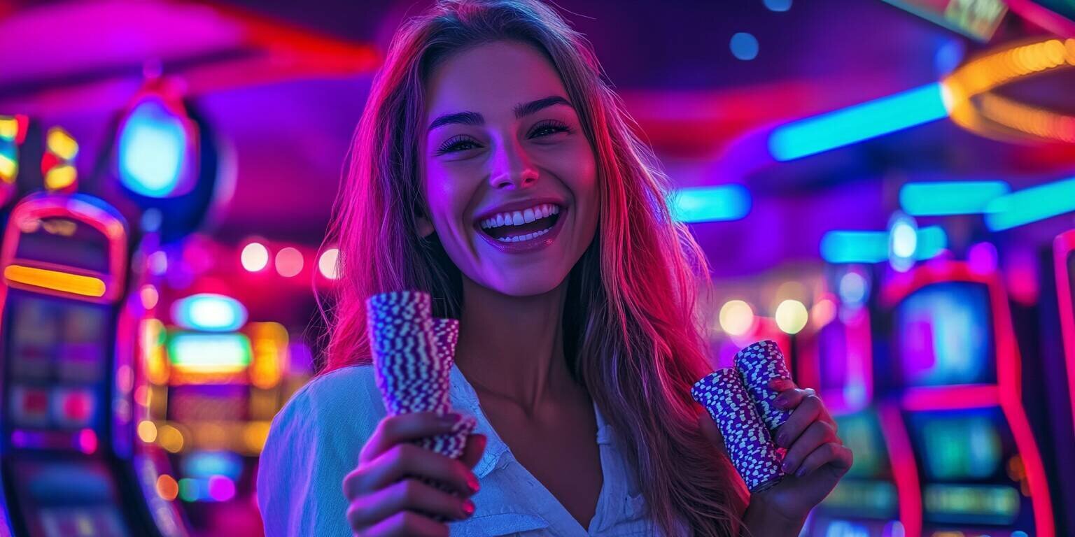 Young woman celebrating her winnings at Lucky 34 with a vibrant casino backdrop