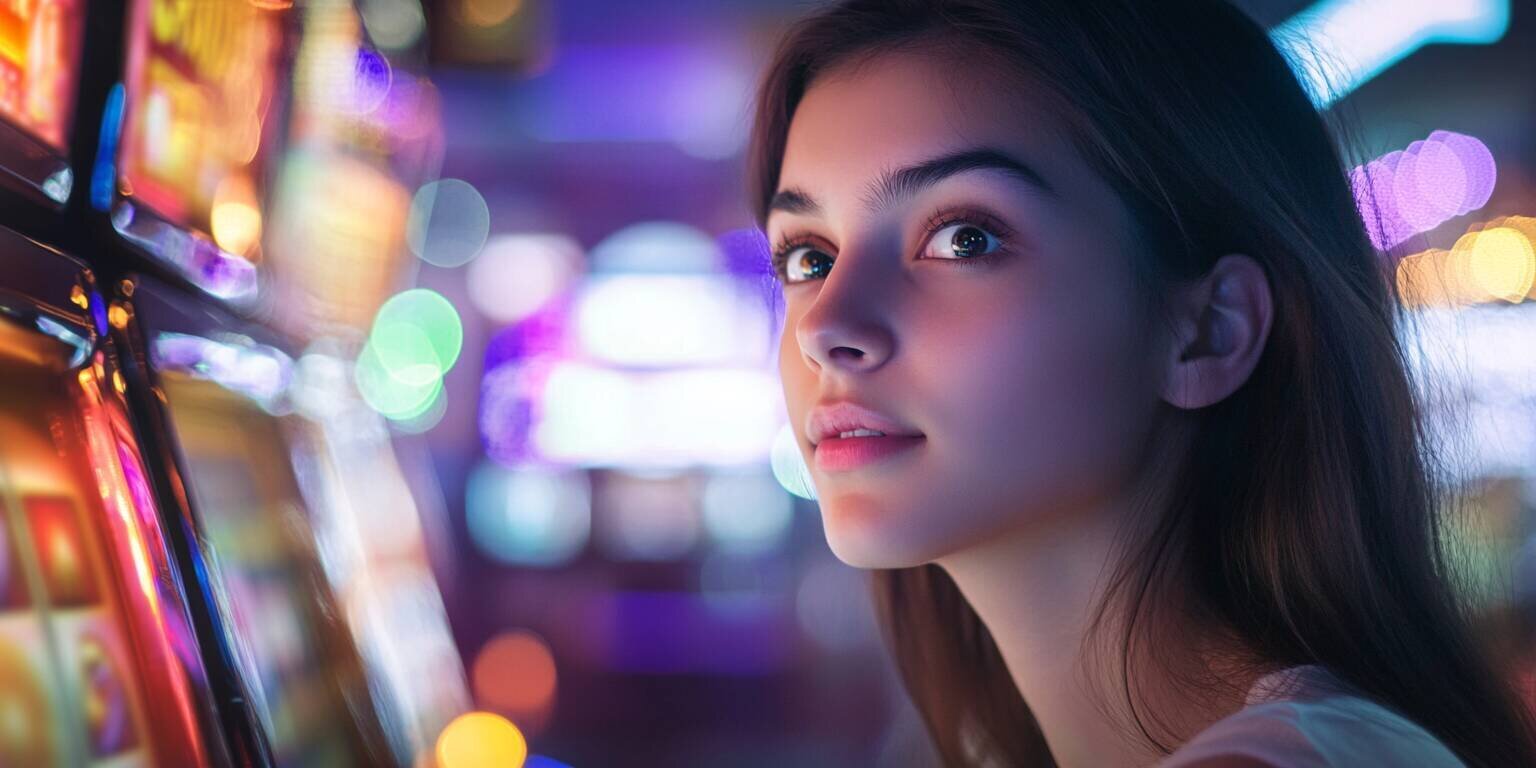 Young woman enjoying the Lucky 34 game in a vibrant casino environment